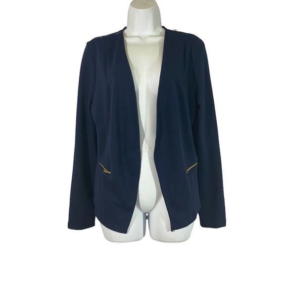 Kali Size Large Blazer Jacket Navy Blue Open Front Lace Gold Zipper Pocket - Picture 2 of 10
